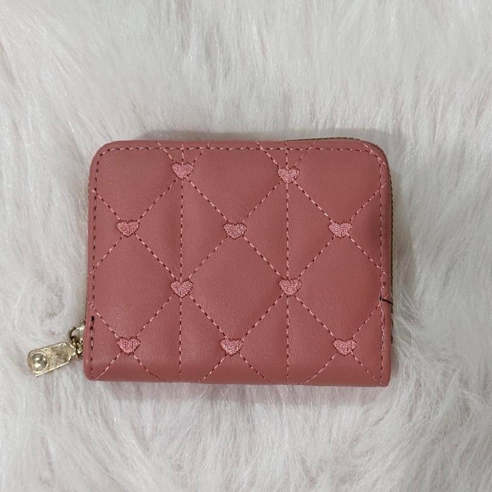Dusty Pink Quilted Heart Embroidered Accordion Zip Wallet
